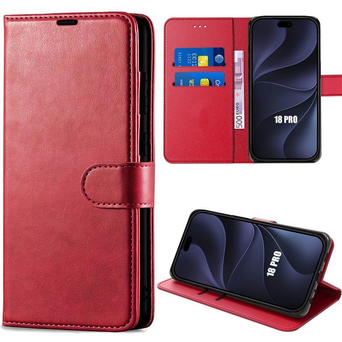 Coque pour iPhone 18 Pro, Protection Flip Case Cuir Synthétique Anti-Rayures Rouge
