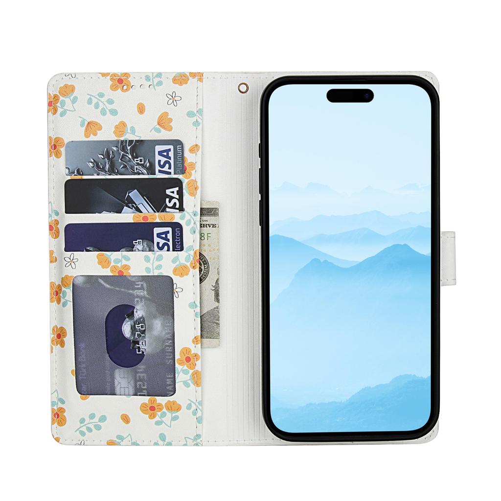 Für iPhone 17 Pro Max Brieftaschenhülle Rautenmuster Blumendesign Leder Klapphandyhülle mit Riemen