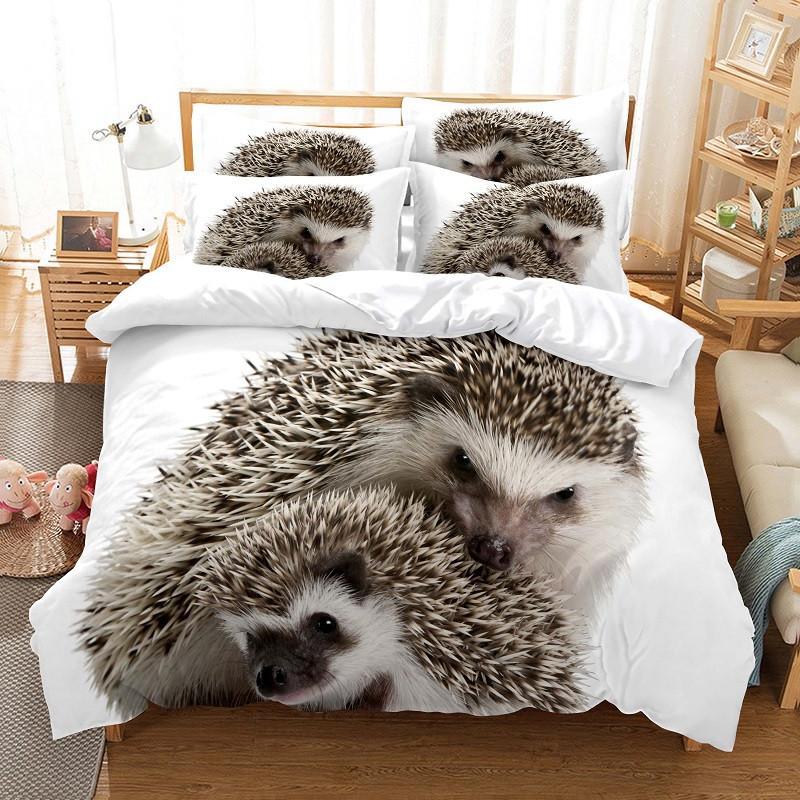Double King Size Cute Animal Hedgehog - Patterned 3 - Piece Duvet Cover Bedding Set With Pillowcases, Ideal For Couple Beds