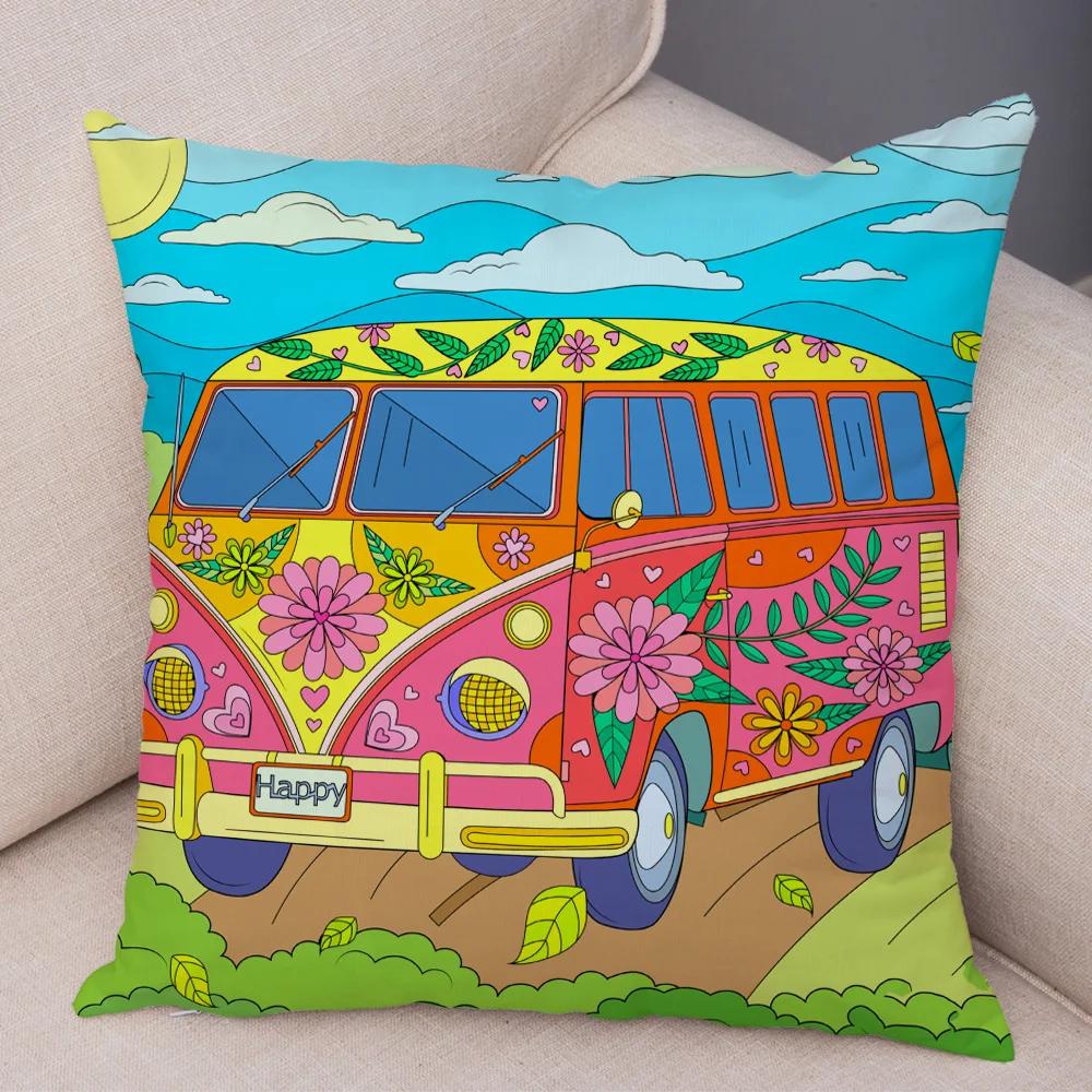 Both Sides Pillow Case Decor Happy Camper Cartoon House Travel Car Cushion Cover for Sofa Home Super Soft Plush Pillowcase