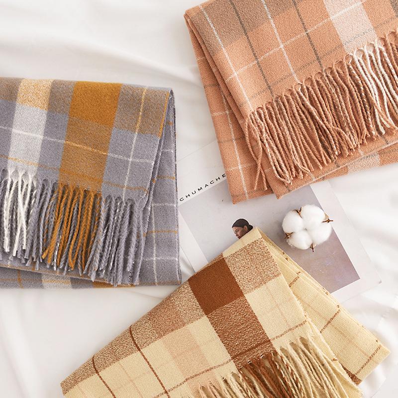 British style Korean Autumn and Winter Checkered Scarf Faux Cashmere Tassel Scarf  Thickened and Warm Neck for European and American Streets