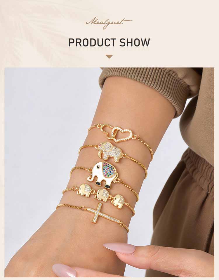 Colorful Cubic Zirconia Bracelet for Women Adjustable Bangle,Elephant Heart Cross Charms Fashion Handmade Jewelry