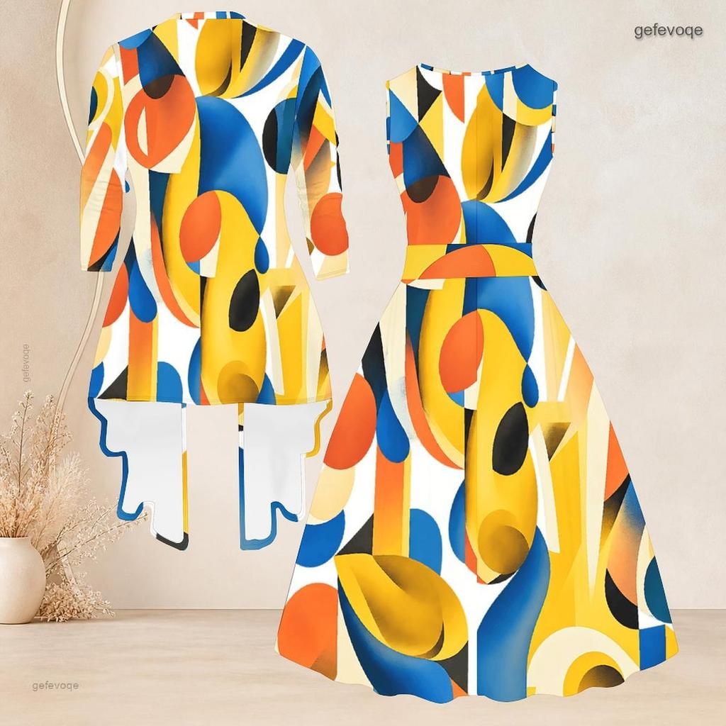 Women Plus Size Two Piece Set Printed 3 4 Sleeve Open Cardigan Sleeveless Round Neck Tie Waist Flared Dress