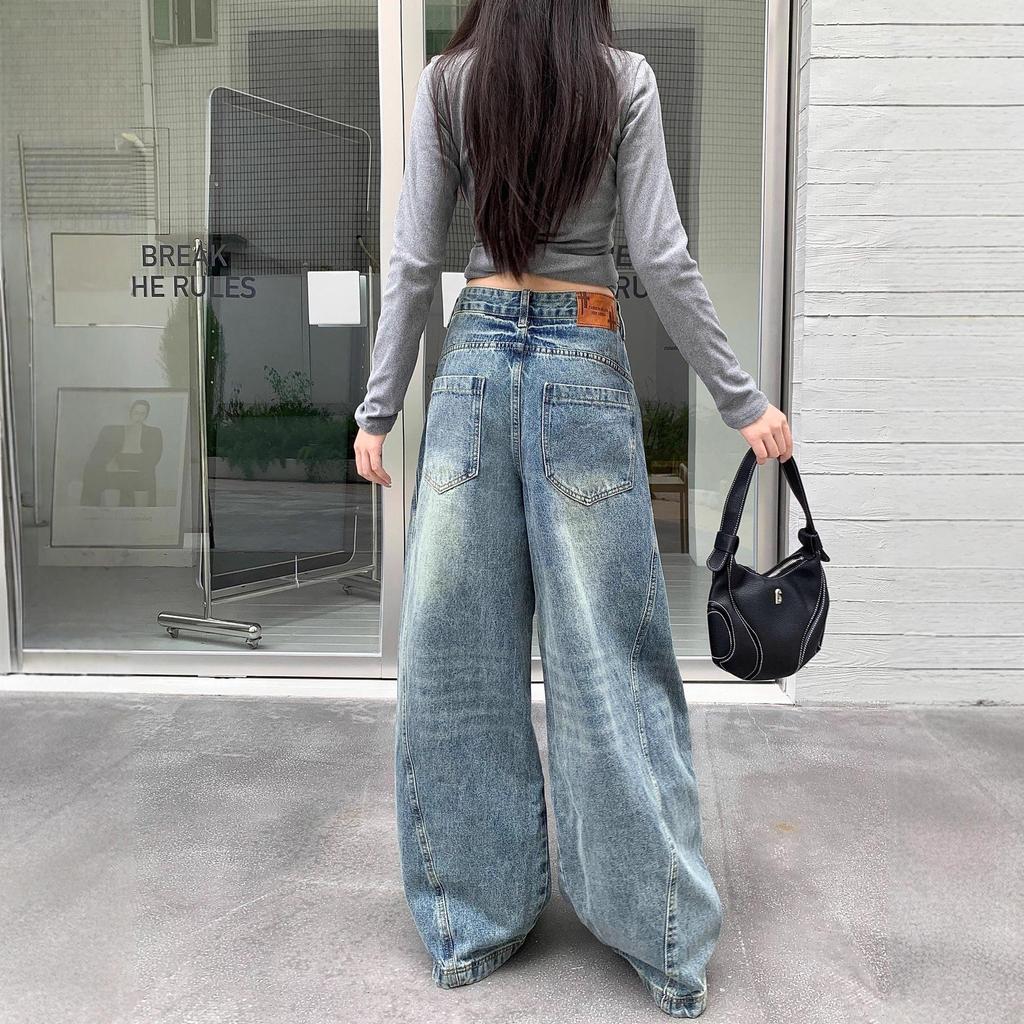 Women's American Retro Distressed Blue Wide-Leg Jeans - Versatile, Slimming, and Floor-Length for Autumn