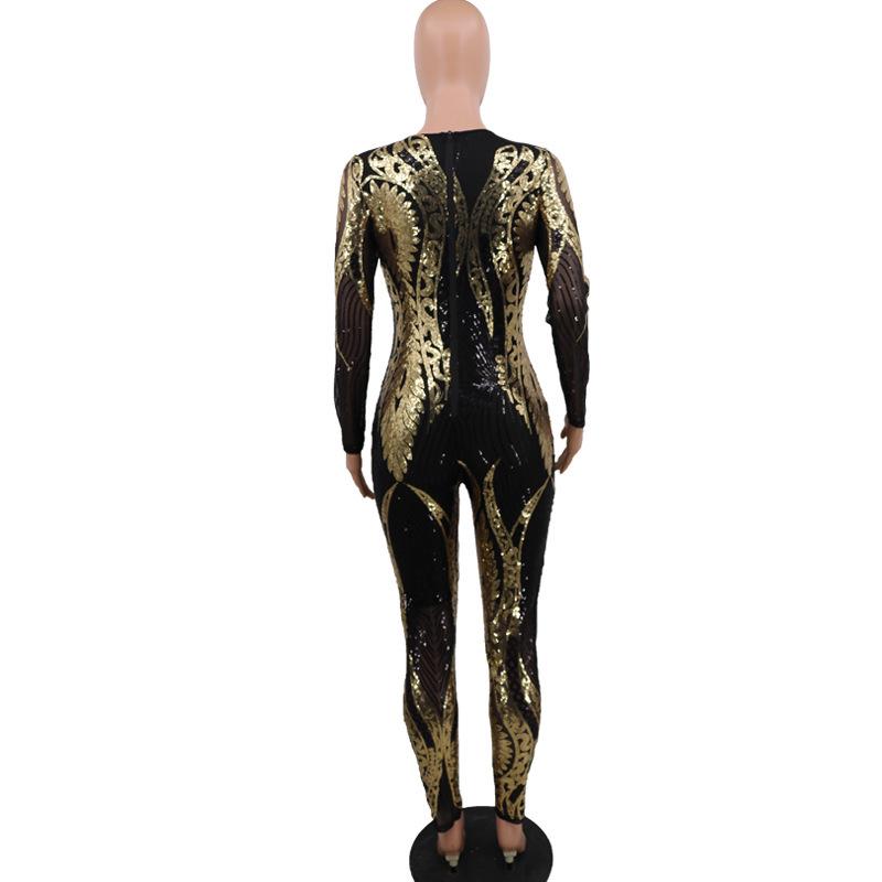 Paillettenbesetzter Langarm-Sheer-Damenjumpsuit