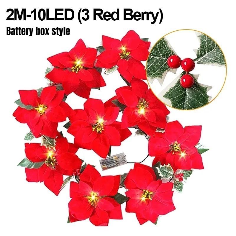2M 10LED/3.5M 10LED Christmas Poinsettia Garland Poinsettia Velvet Artificial Poinsettia Garland String Lights for Christmas Tree Decor