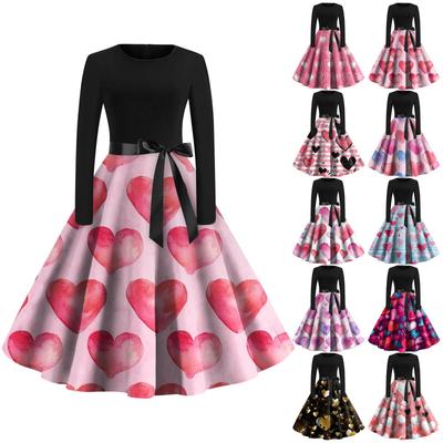 Women's Vintage Classic Dress Long Sleeve Valentine's Day Print Round Neck Swing Dress