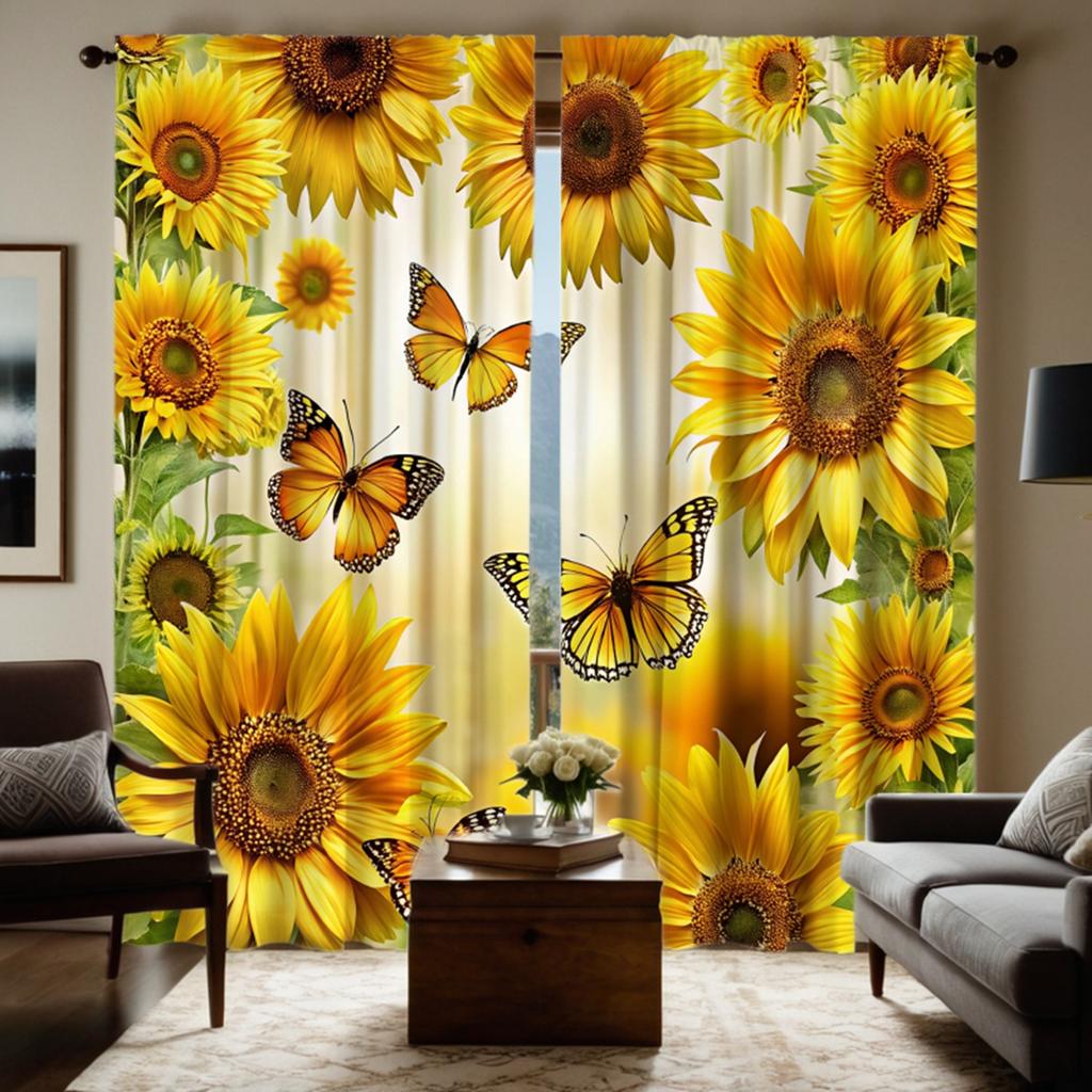 2PCS HD Digital Curtain Printed Yellow Tie Sunflower Flowers Butterfly Home Decoration Style Decorate Living Room Bedroom Wea