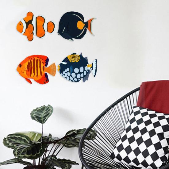 4 Stück Holzfisch Nautische Wanddekoration Rustikal Fischschwarm Wandkunst Küstenthema Ozean Wandskulptur für Seehaus Zuhause Badezimmer Schlafzimmer