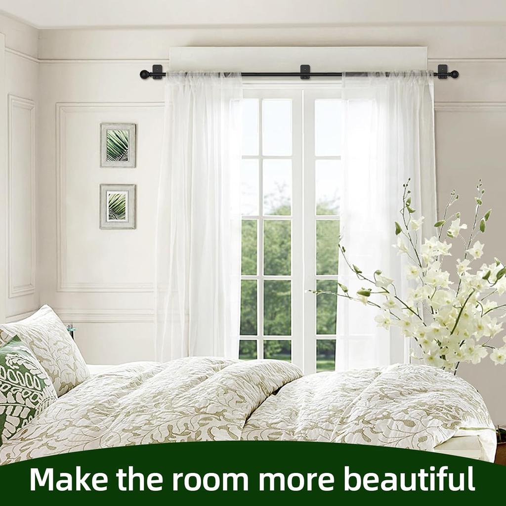 Curtain Rods No Drilling for Windows 48 to 84-90, 5/8 Inch Black Renter Friendly Adjustable Curtain Rod with 3M Adhesive Brackets