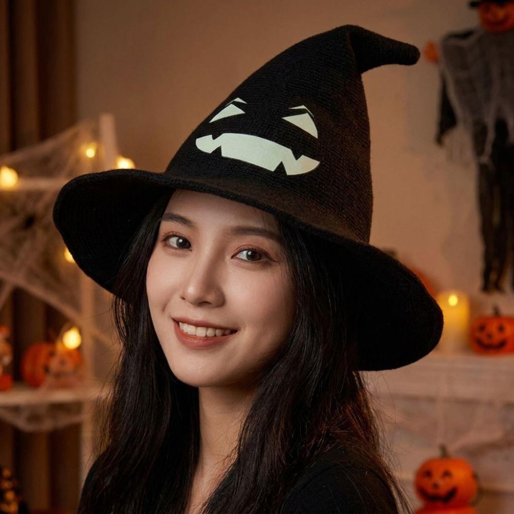 Glow Knit Halloween Witch Hat Wide Brim Pumpkin Witch Cap Simple Halloween Costume Hat Masquerade