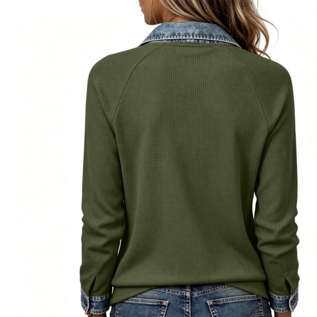 Women's Denim Collar Long Sleeve Knit Top with Patchwork
