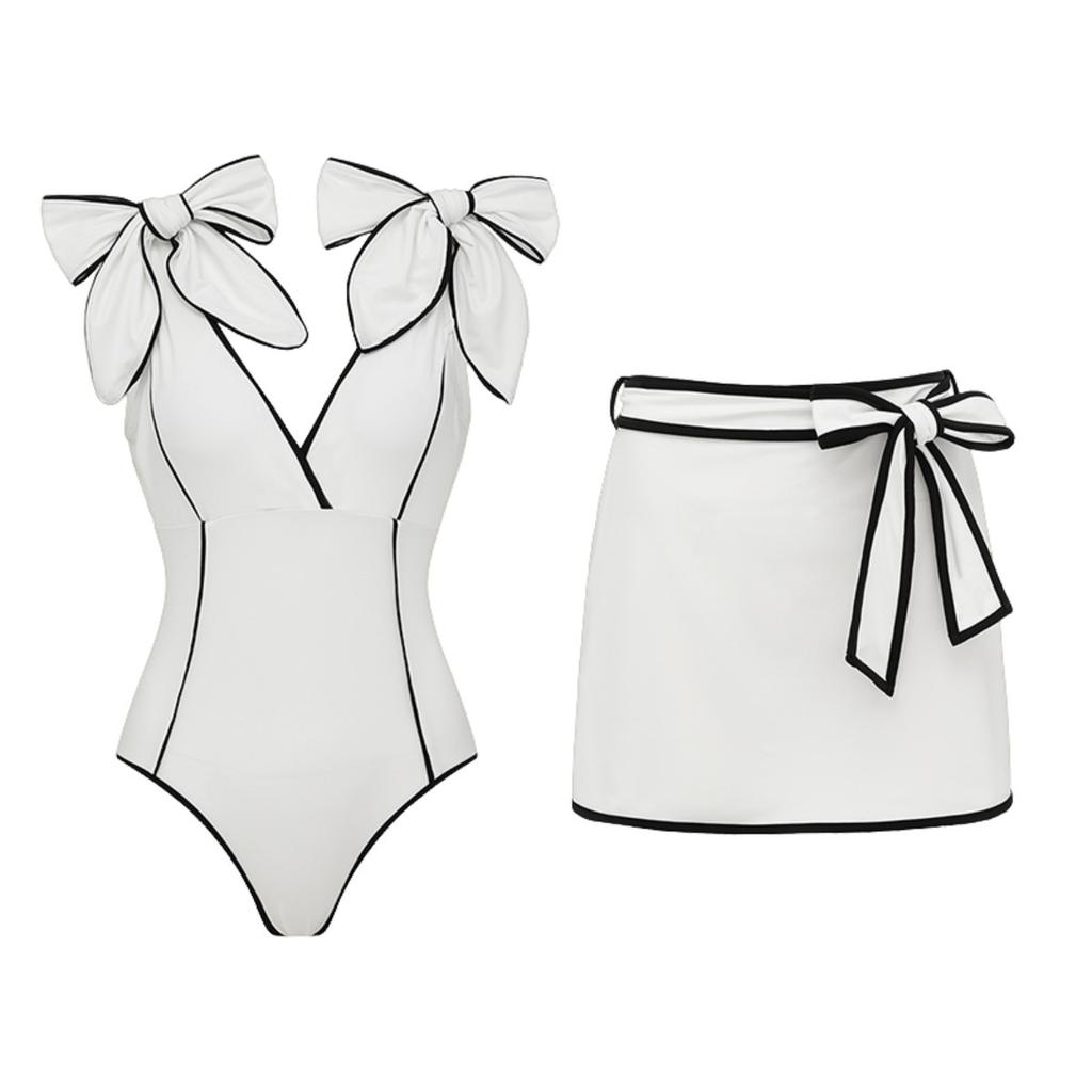 1011 European and American Swimwear New Black and White Color Matching Sweet Girl Bow One-piece Swimsuit Women's Popular Black Skirt