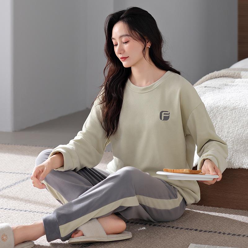 Pajamas Women'S Autumn And Winter Island Fleece Round Neck Pullover Spring And Autumn Coral Fleece Fleece Thin Fleece Loungewear
