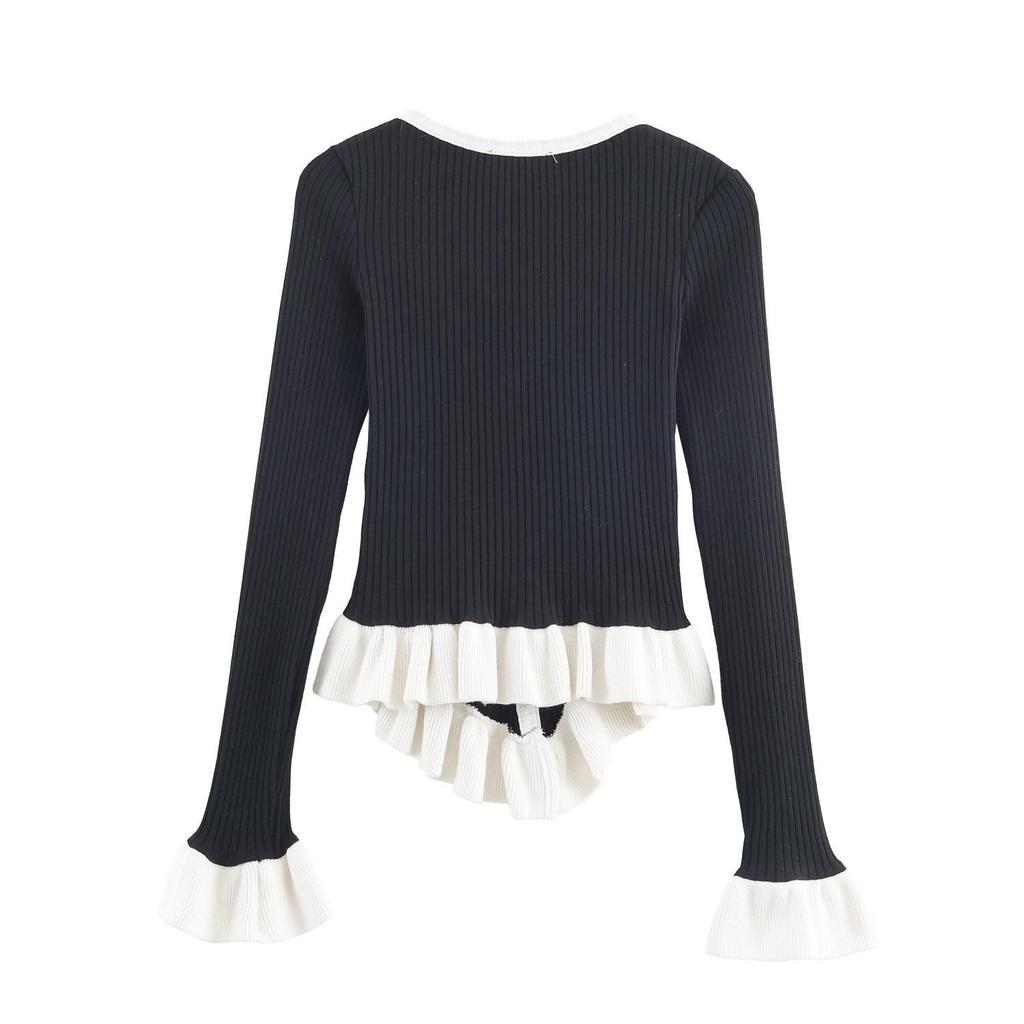 Autumn V-neck Color Block Flare Sleeve Knit Cardigan