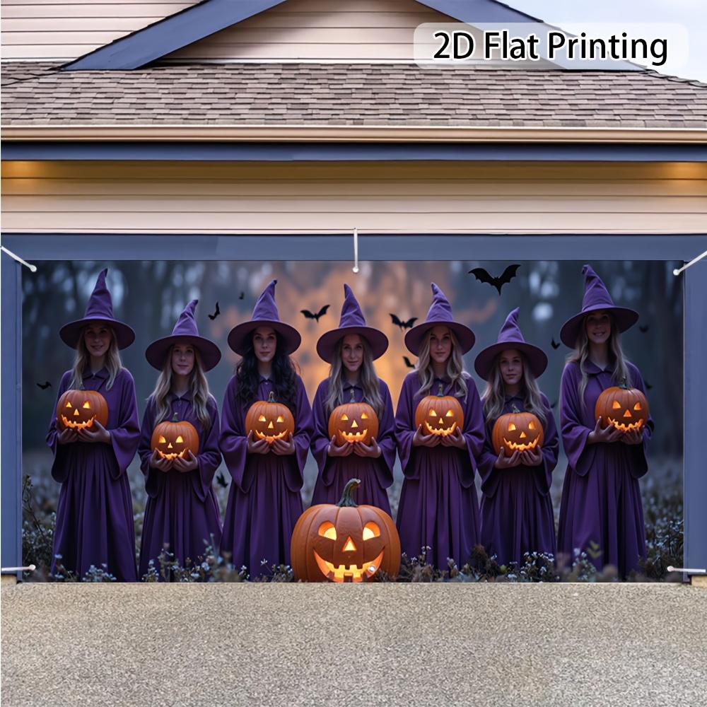 2D plane featuring 6 witches glowing pumpkin lanterns and bats - durable polyester fabric suitable for autumn partieszyc