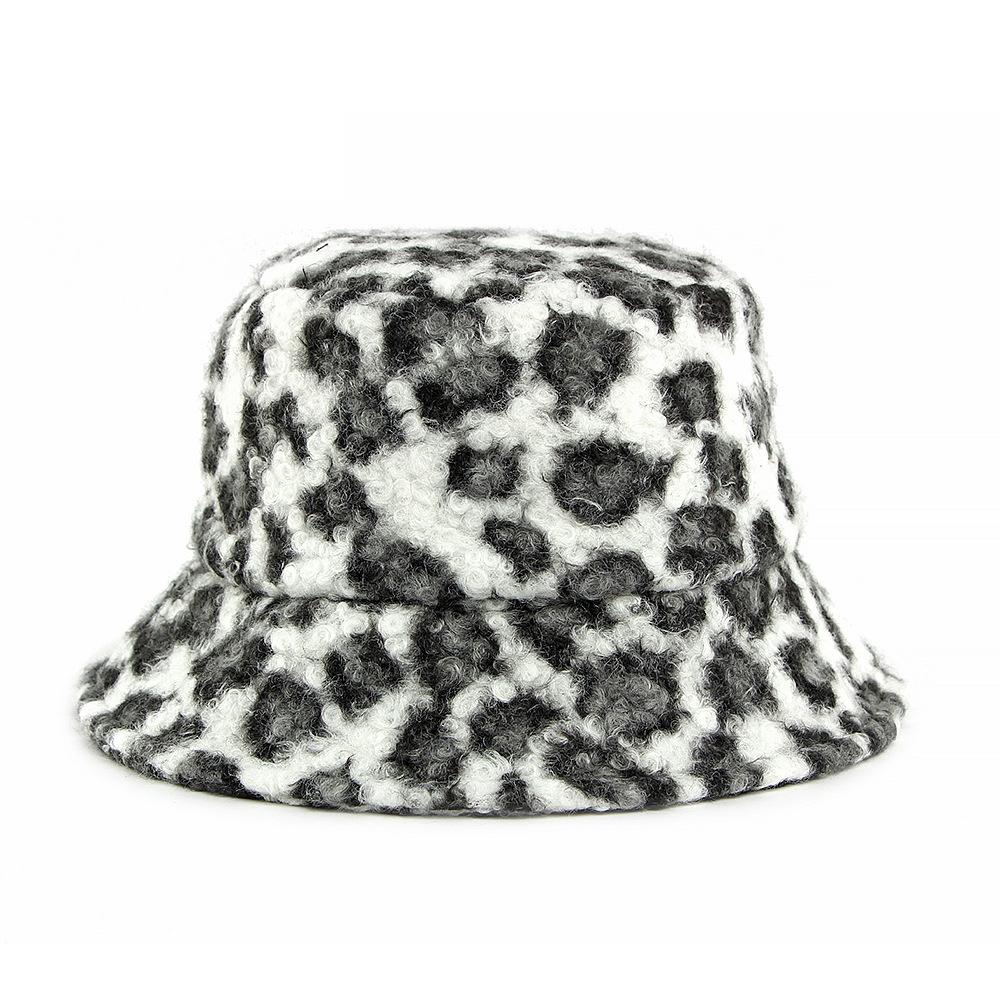 Autumn Winter Women's Leopard Fisherman Hat Lamb Plush Warm Basin Hat Sun Protection Cap
