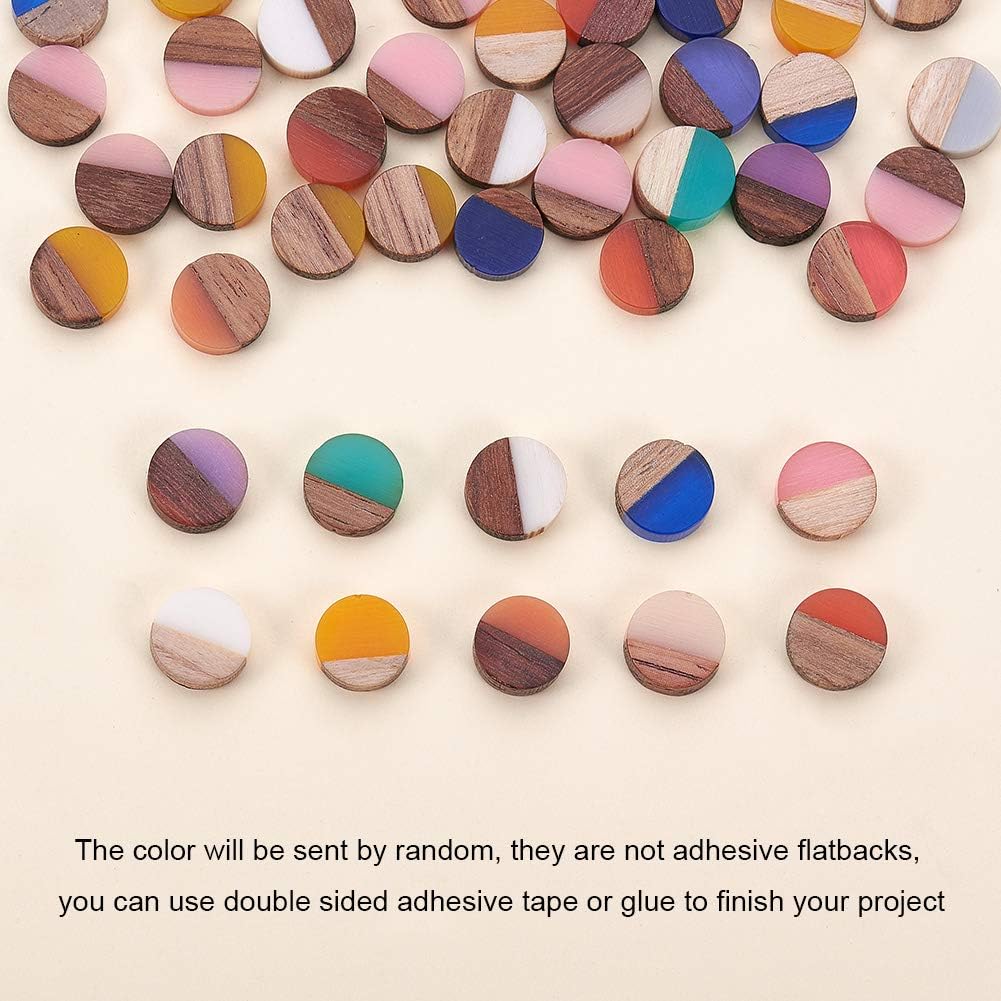 LiQunSweet 50 Pcs Handmade Mixed Random Color Vintage Natural Wood with Resin Cabochon Charm Bead Without Hole Round Shape for Necklace Earring