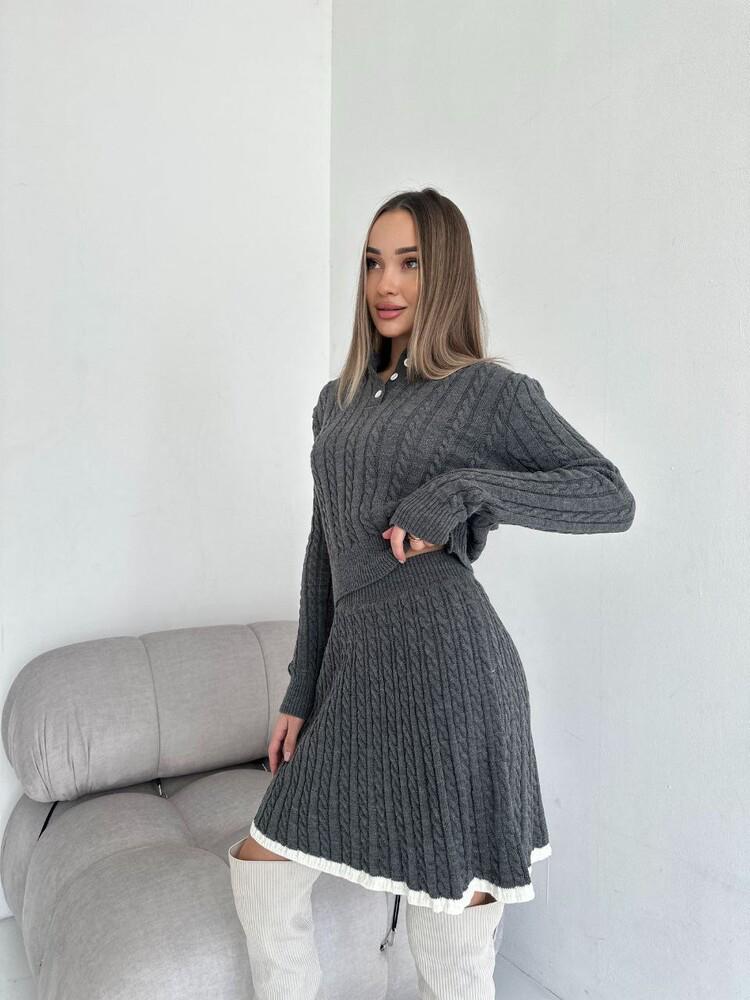 European & American Casual Long Sleeve Knit Sweater and Short Skirt Two-Piece Set for Women