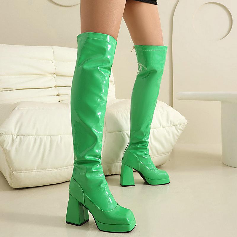 Knight boots patent leather square head thick sole thick heel super high heel rear zipper women's knee boots elastic thin boots long women's boots