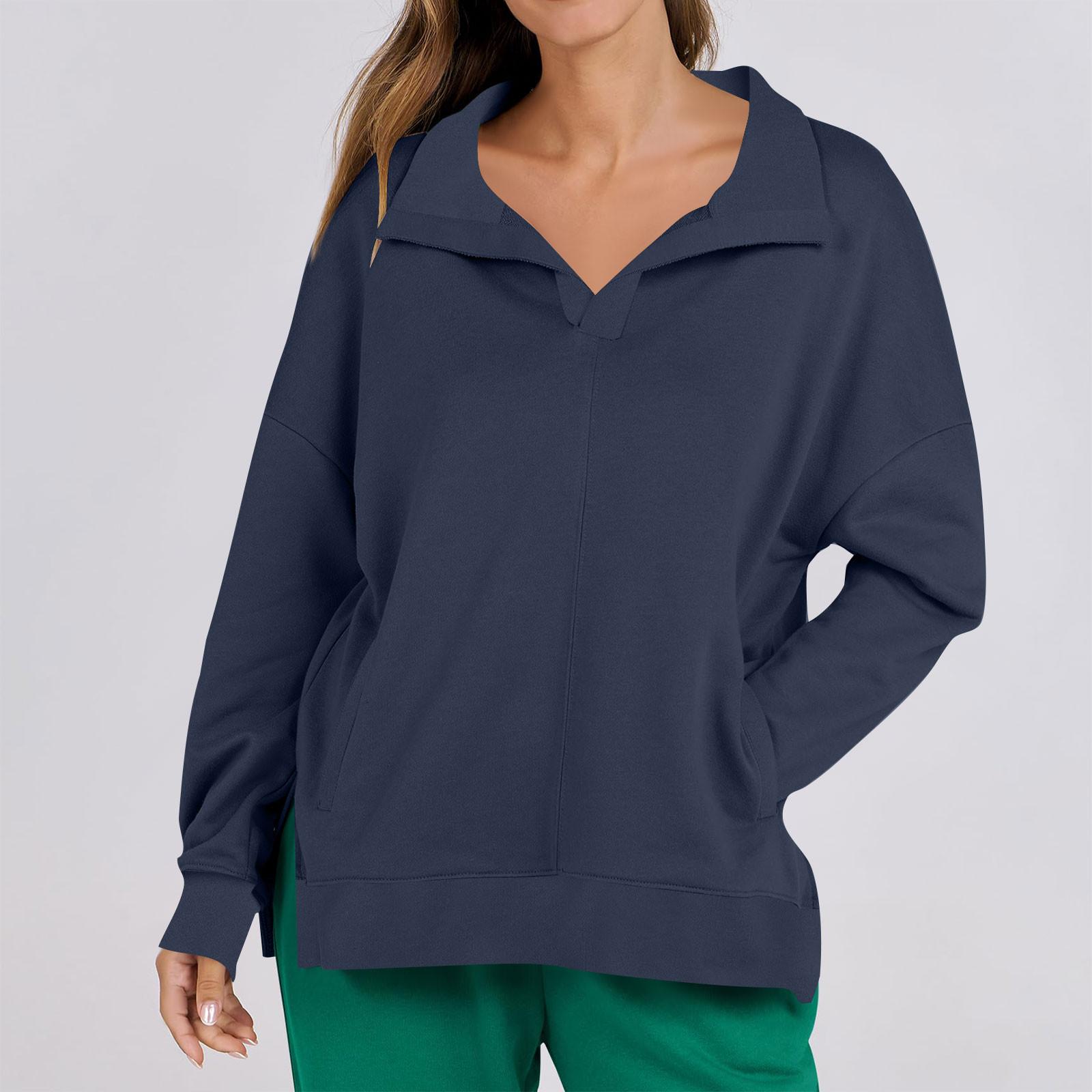 

Женская мода повседневная однотонная толстовка с V-образным вырезом и карманом, с длинным рукавом XL тёмно-синий