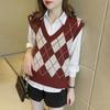 Women's Diamond Plaid Pattern Knitted Vest Loose V Neck Sleeveless Pullover Tank Top Casual School Sweater Top