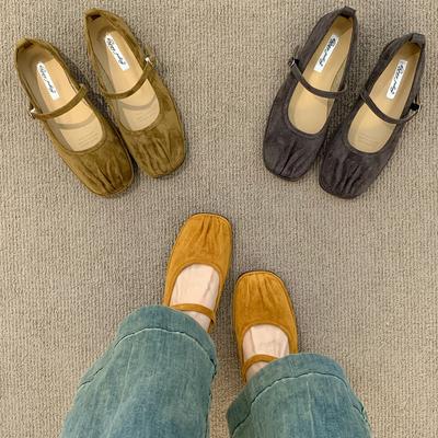 Flat Bottom Pleated Suede Brown Single Shoes Women's Shoes 2025 Autumn Retro Commuter Shoes Square Head Mary Jane Doudou Shoes
