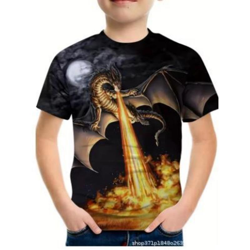 Summer Round Neck 3D Oil Painting Dinosaur Printed Top Fashionable Casual Short Sleeved Children's Boy T-shirts
