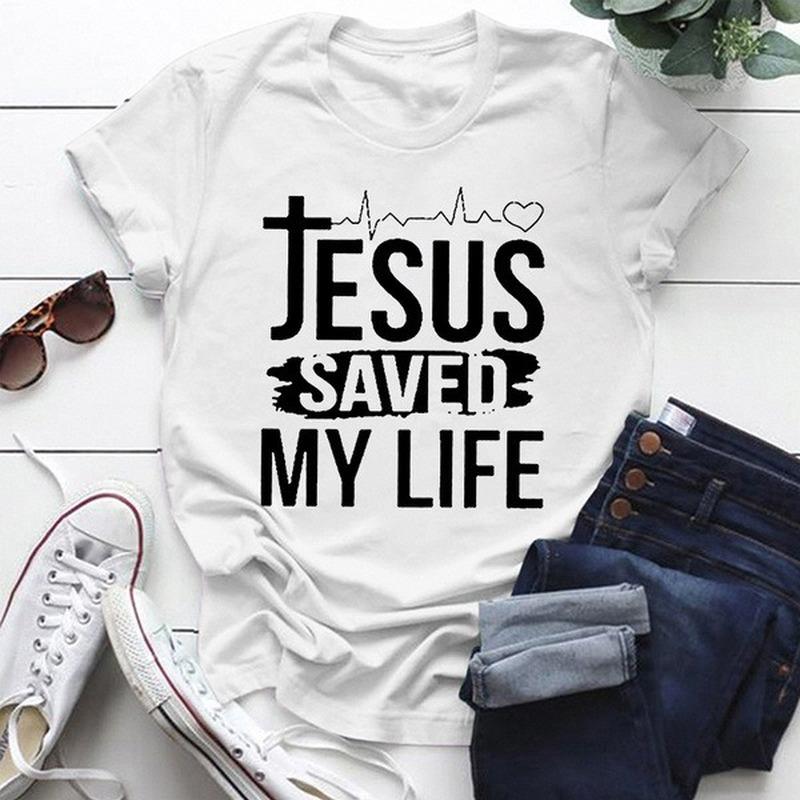 Jesus Save My Life Potisk Dámské Tričko Krátký Rukáv Kulatý Výstřih Volné Dámské Tričko Dámské Tričko Topy Oblečení Camisetas Mujer