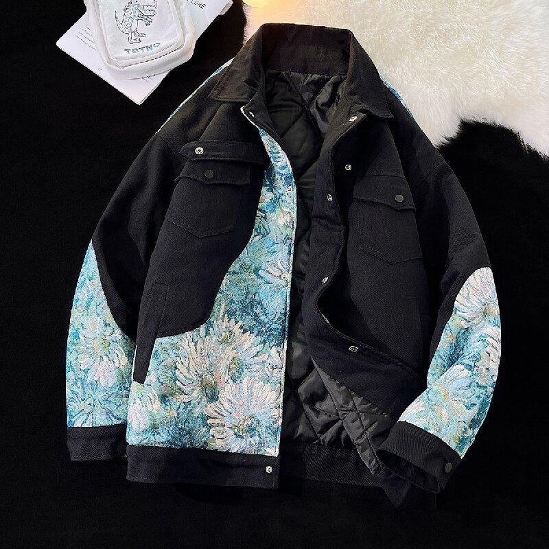 Embroidered Spliced Jacket Men's Autumn Plus Size Top Trendy Couple Jacket
