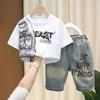 2-8 Years Boys Summer Clothing Set Letter Print Short Sleeved T-shirt+Denim Shorts 2Pcs Suit For Kids Handsome Casual Outfit