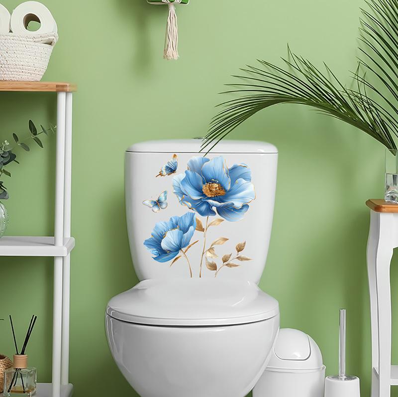 New Blue Flower Butterfly Sticker Bathroom Waterproof Toilet Sticker Self-adhesive Wall Sticker