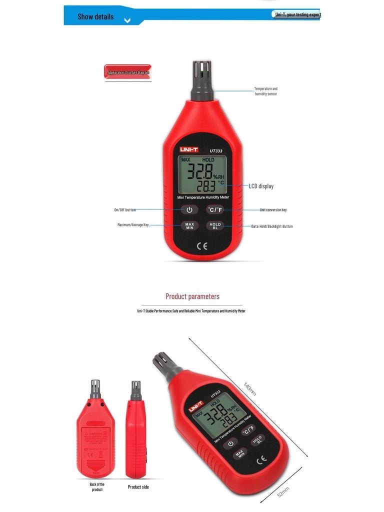 Uni-T UT333 Digital Indoor/Outdoor Handheld Thermohygrometer for Industrial, Agricultural, and Household Use