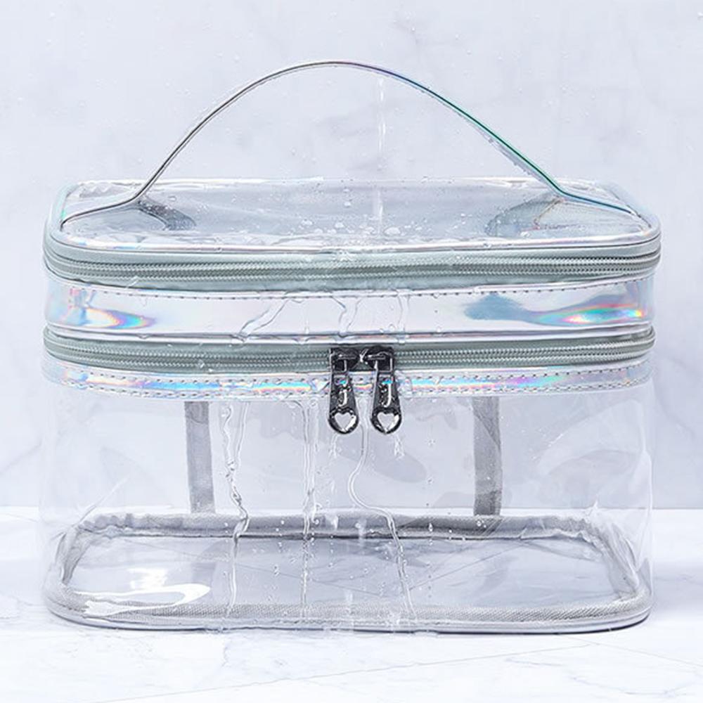 

Laser PU Leather+Transparent PVC Double Layer Cosmetic Bag Makeup Bag Waterproof Travel Toiletry Bag Silver
