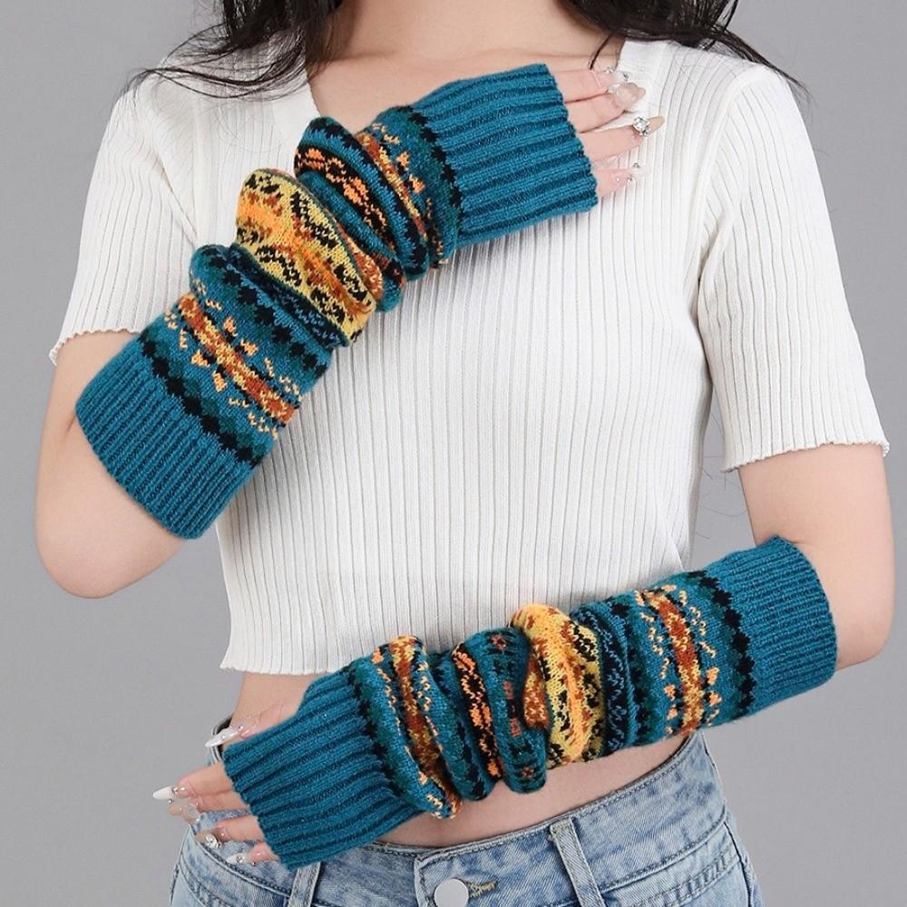 Bohemian Style Knitted Fingerless Sleeves Thickened Warmer Long Cuff Y2K Star Arm Cover  Winter