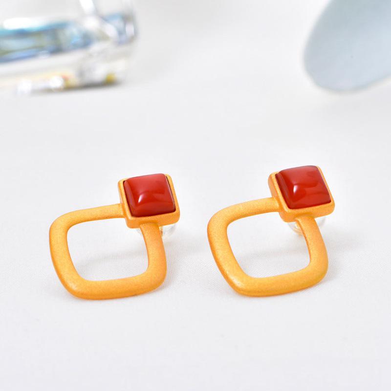 

Gold-Plated Square Hollow 925 Sterling Silver Earrings with Southern Red Agate and Certificate for Women 925 Silver Gold-Plated
