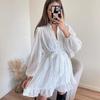 Rochie de toamnă de primăvară pentru femei, cu șireturi, talie strânsă, culoare uni, linie A, cu mâneci lungi, cu decolteu în V, cu volane, mini rochie de călătorie pentru întâlniri