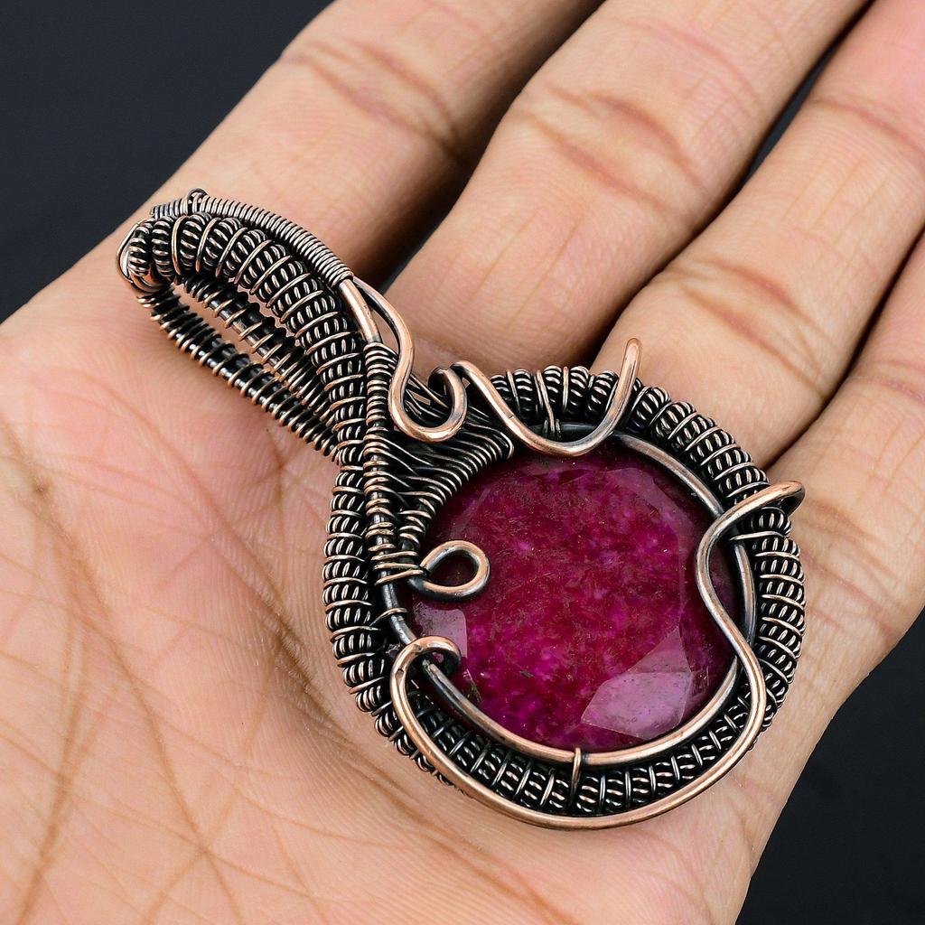 Ruby Pendant Gemstone Jewelry, 999 Copper Wire Wrapped Handmade Pendant, Latest Design Jewelry
