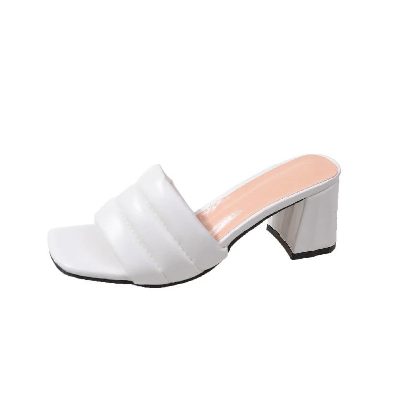 Fashion Outside Solid Med Heel Sandals for Women 2024 New Hot Sale Summer Fashion Ladies Shoes Square Heel Rubber Pu Women's Sandals