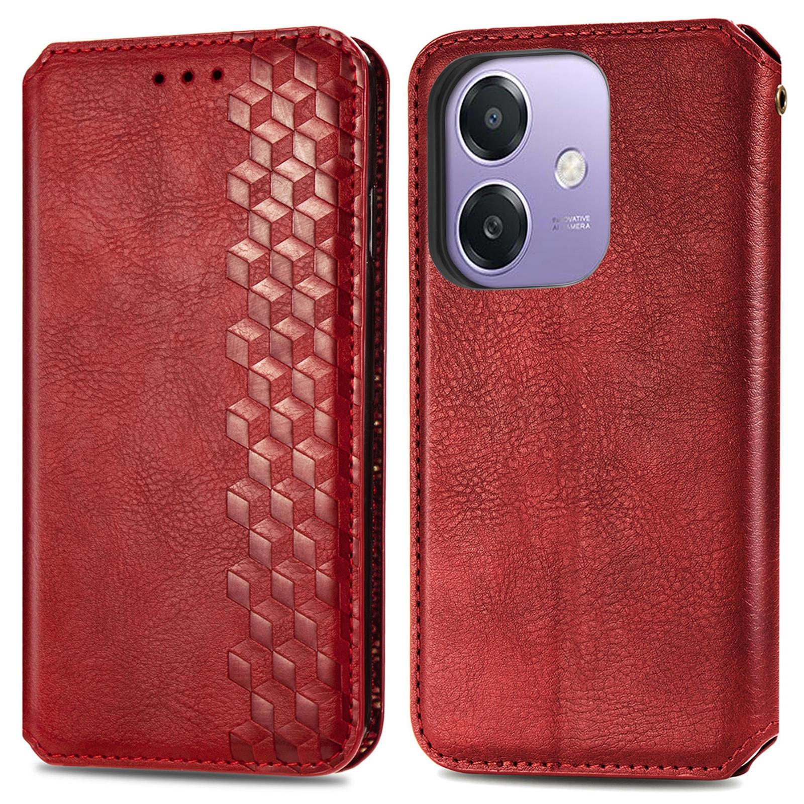 

For Oppo A3x 4G/5G Case Rhombus Imprint PU Leather Wallet Phone Cover Red