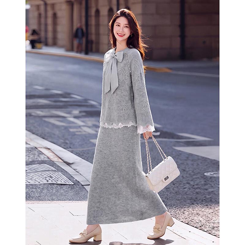 Elegant Bow-Tie Long Sleeve Top and Mid-Length Skirt Set