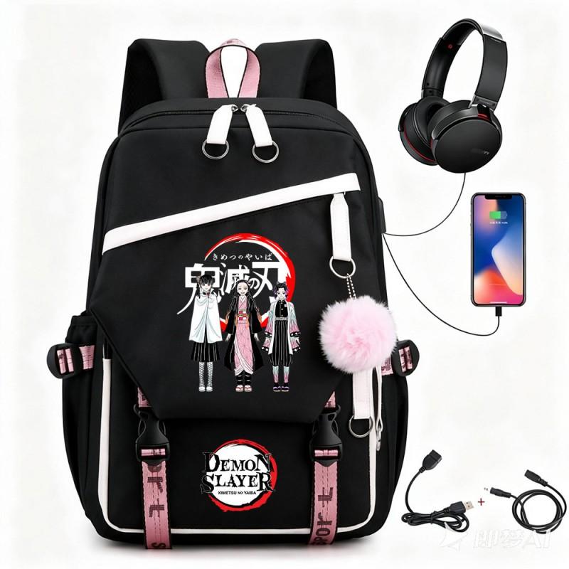 Anime Printed Canvas Backpack With USB Charging Port Teens Students School Travel Unisex