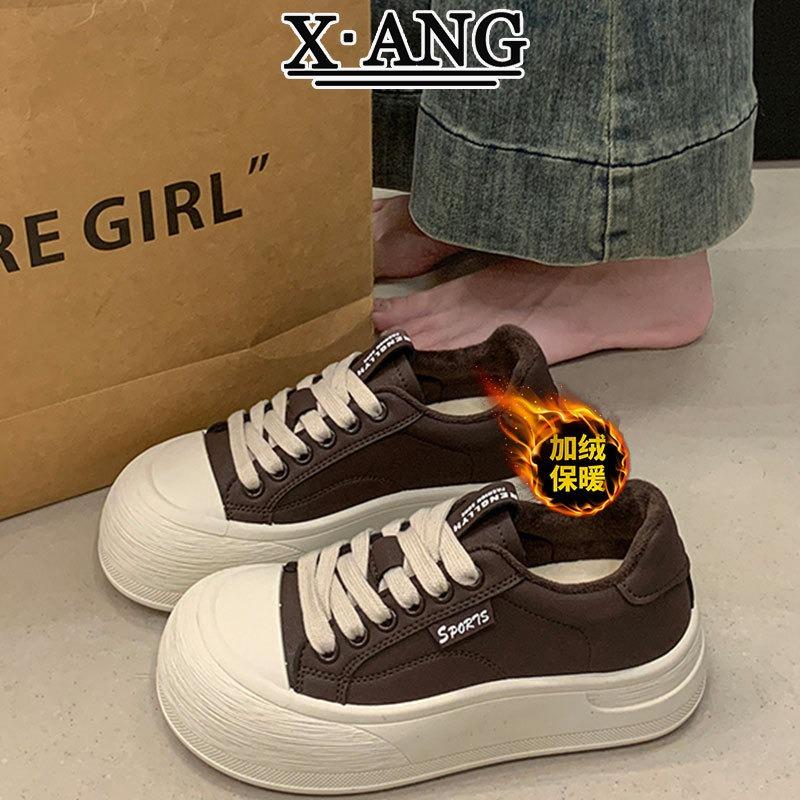 Fleece warm two cotton shoes leather thick baseplate shoes women's little white shoes new autumn and winter casual sports shoes