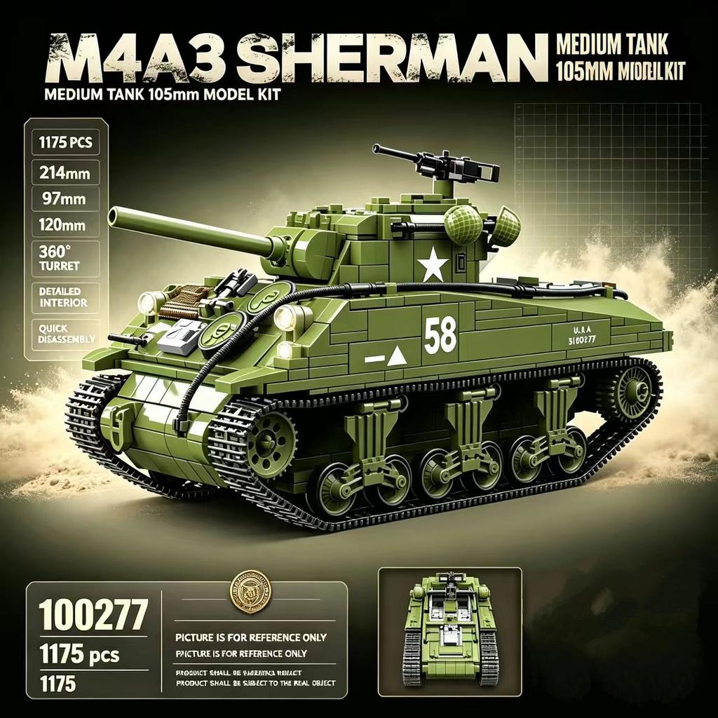 100277 M4A3 Sherman Military Tank Building Blocks 1175PCS Collectible Model Bricks Set Desktop Ornament Gift For Hobbyist Adults