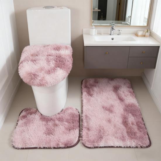 3Pcs/Set Bathroom Rug Absorbent Non Slip Floor Mat U-Shaped Plush Mat Toilet Lid Cover Mat with Rubber Backing for Bathroom Shower Toilet