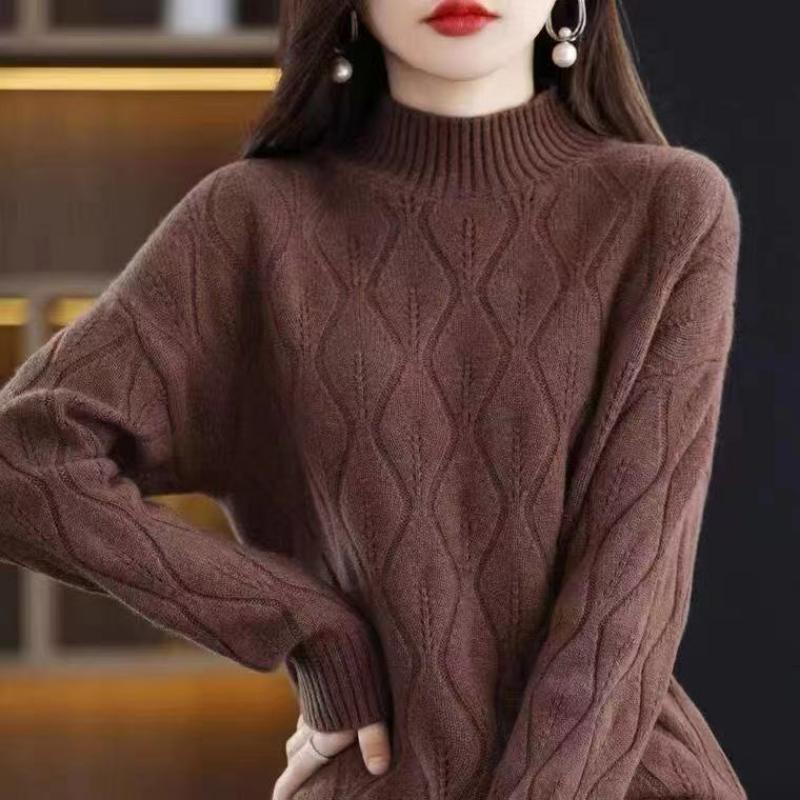 Solid Color Pullover Long Sleeve Sweater Knitted Elegant Screw Thread Women's Clothing Autumn Winter Half High Collar Tops