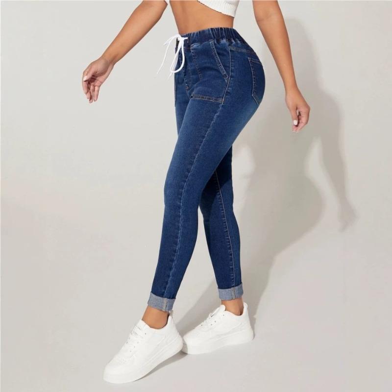 Women's nine-point jeans New drawstring elastic waist high elastic small foot jeans