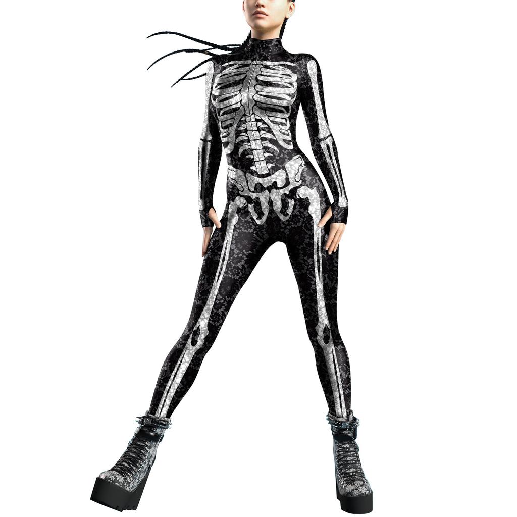 Halloween costume human skeleton digital print tights jumpsuit women's jumpsuit