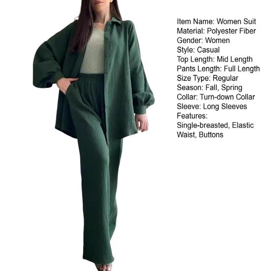 Yousheng 2 Pcs/Set Women Shirt Pants Set Turn-down Collar Single-breasted Long Sleeves Loose Top Elastic Waist Wide Leg Trousers Sport Tracksuit