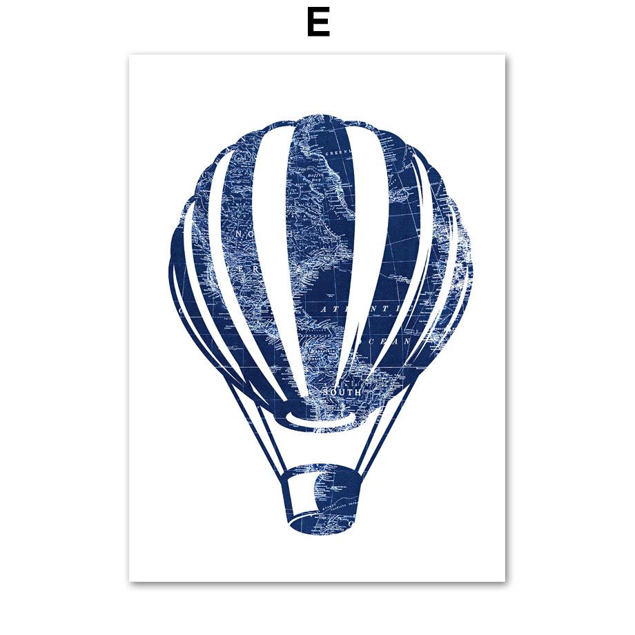 World Map Hot Air Balloon Sailboat Compass Retro Wall Art Nordic Posters Painting Cartoon Pictures Kids Room Decor Canvas Prints
